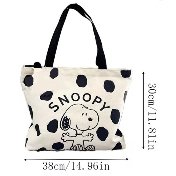 Snoopy Canvas Tote Bag Polka Dot White Shopping Bag 15x12 With Plush Charm - Picture 6 of 8